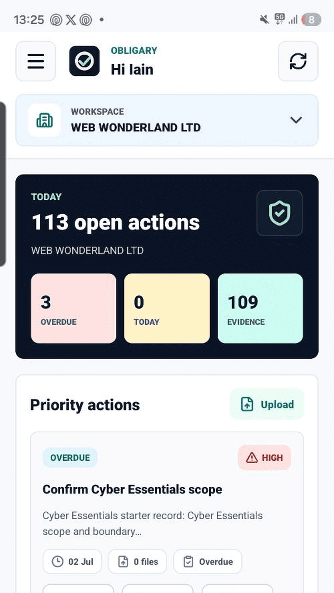 Obligary mobile dashboard showing open actions and priority compliance work